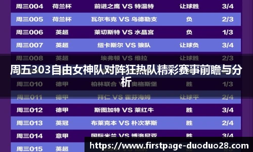 周五303自由女神队对阵狂热队精彩赛事前瞻与分析